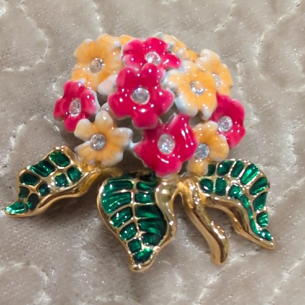 Joan Rivers Floral Enamel Crystal Brooch with Gold Accents